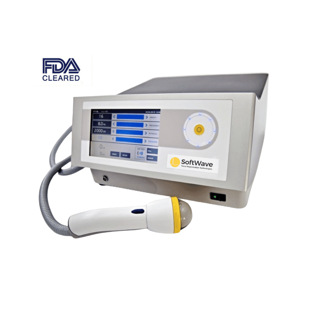 Close-up of SoftWave therapy device used in non-invasive treatments – key equipment featured in SoftWave-trt-marketing strategy.