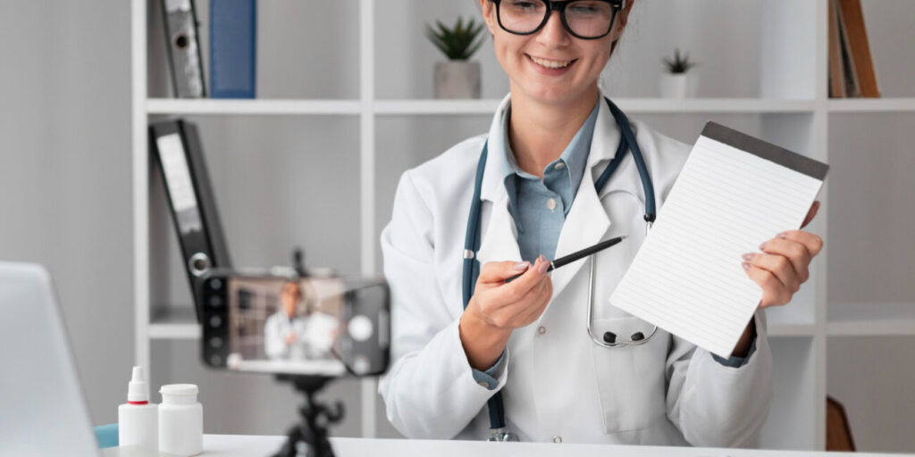 Healthcare influencer recording a video in a medical setting