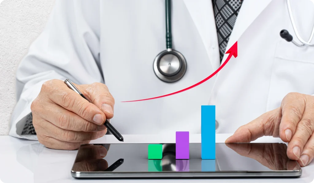 Healthcare marketing expert analyzing PPC ad performance on laptop