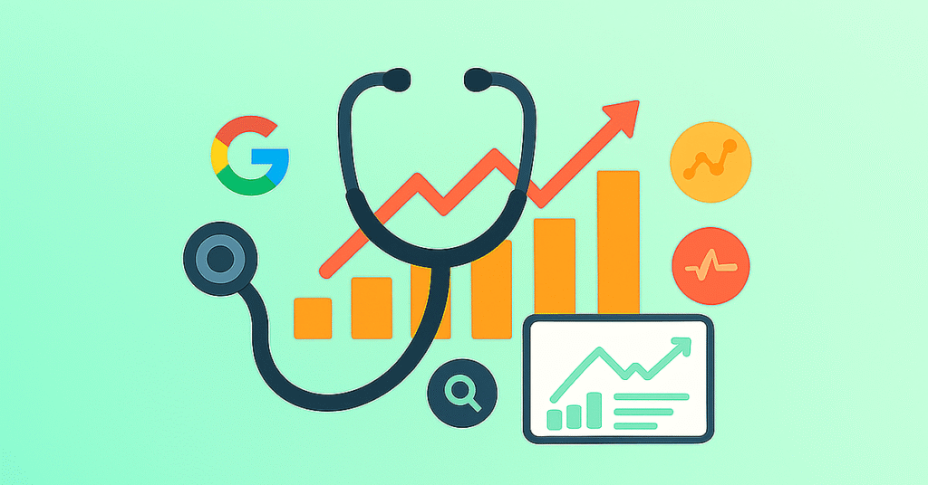 Doctor viewing SEO performance report on a laptop in a medical office