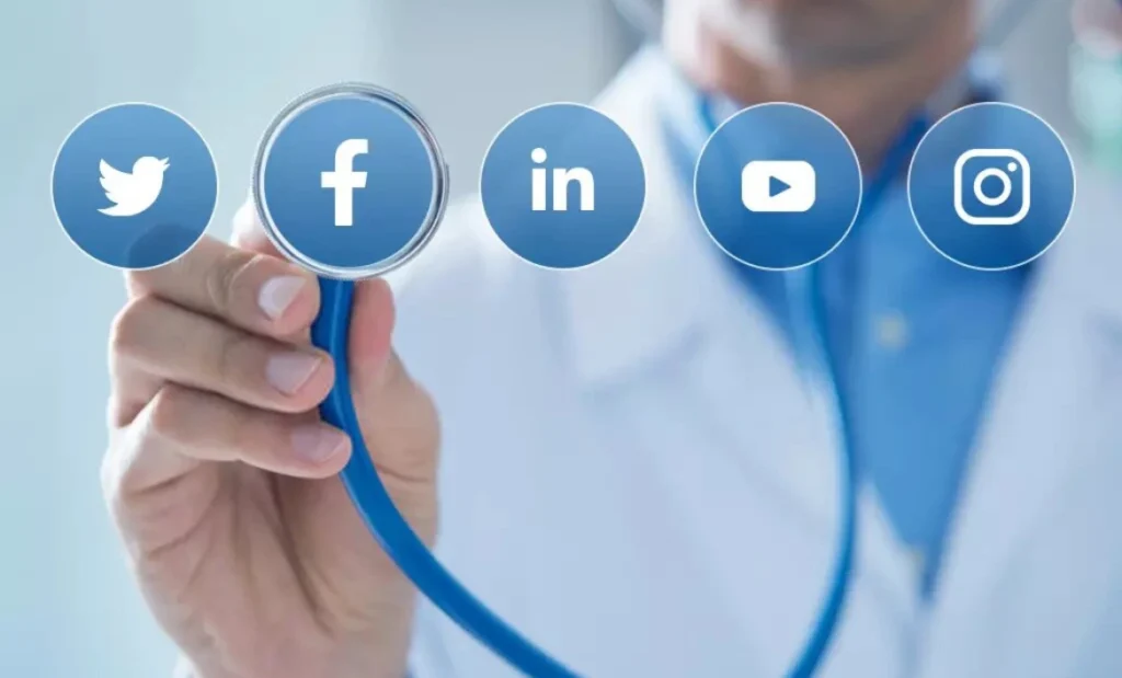 Doctor using smartphone to manage clinic’s social media marketing