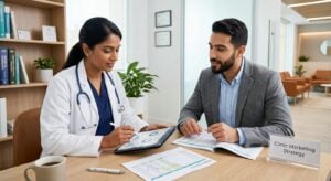 medical clinic marketing budget A doctor wearing a lab coat and a marketing consultant in a suit reviewing a digital analytics dashboard on a tablet during a clinic marketing strategy meeting.