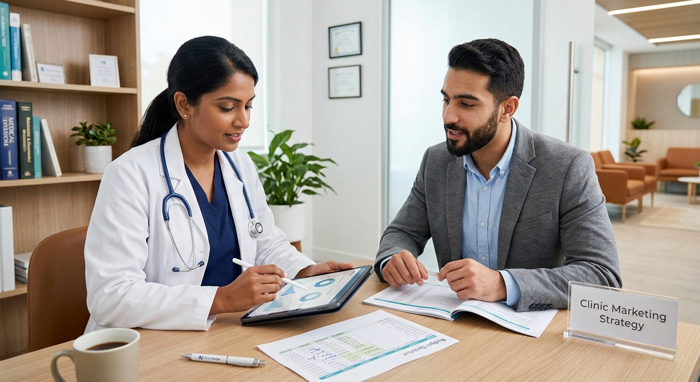 medical clinic marketing budget A doctor wearing a lab coat and a marketing consultant in a suit reviewing a digital analytics dashboard on a tablet during a clinic marketing strategy meeting.