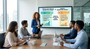 A marketing presenter showing a digital screen comparing a specialized medical marketing agency with a general marketing agency during a clinic board meeting.